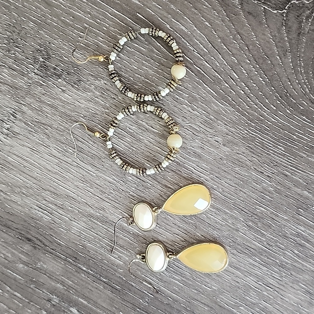 Cream and Honeycomb Yellow Double Drop Dangle x Beaded Hoop Dangle Earrings